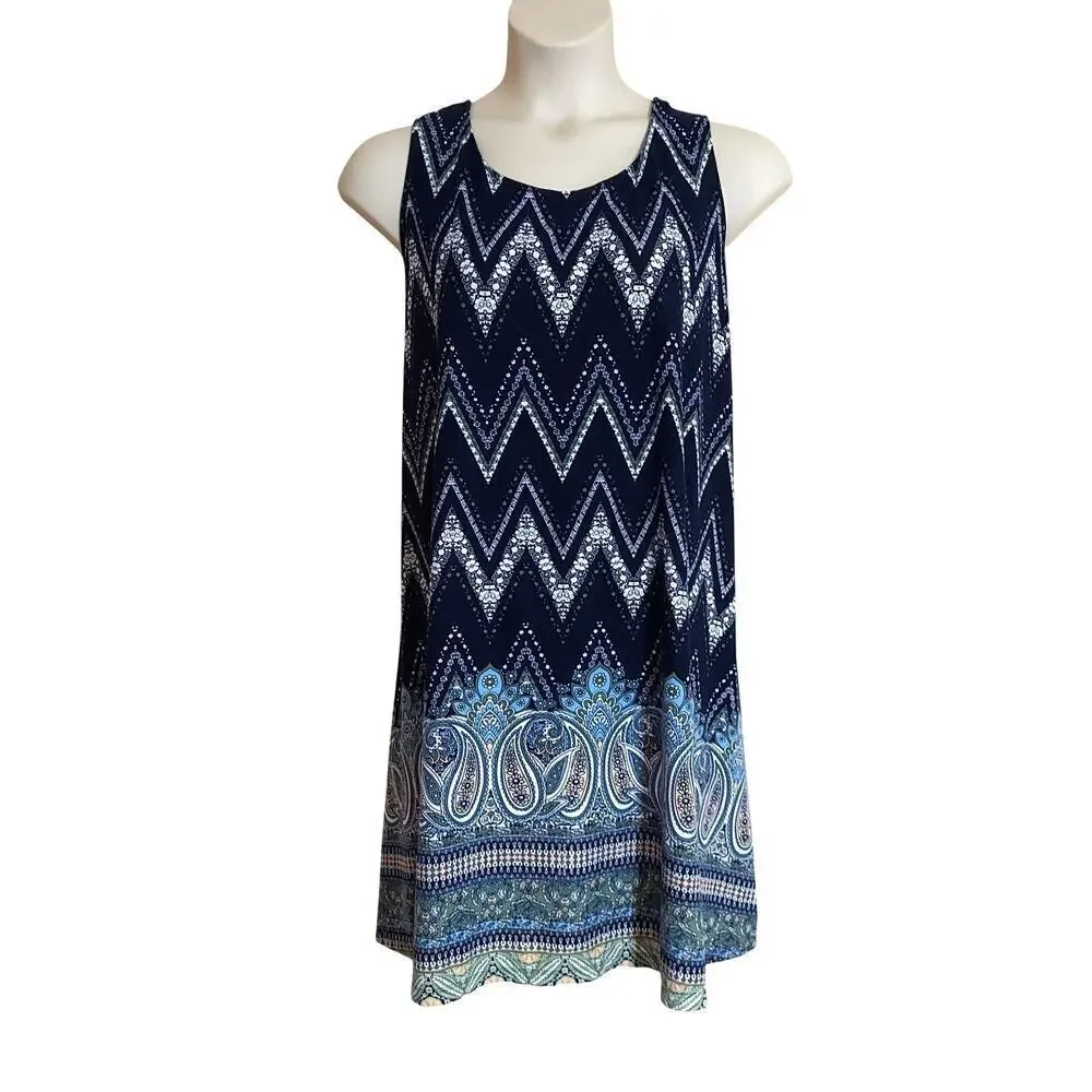 Just Be Plus Size Navy Blue Chevron and Paisley Print Sleeveless Swing Dress - Picture 2 of 6